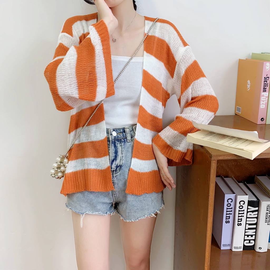 SUXI Áo Sơ Mi Dệt Kim Dáng Rộng Họa Tiết Kẻ Sọc Thời Trang Mùa Hè Phong Cách Vintage Cho Nữ