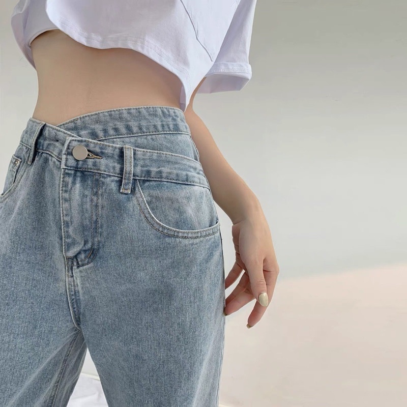 Quần jeans ống rộng dài cạp lệch hách dáng phong cách Hàn Quốc