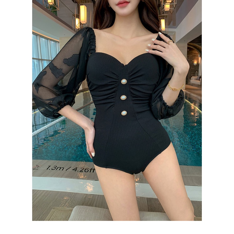 Bikini một mảnh Hàn Quốc chất thun mềm đính ngọc dáng giấu bụng tay bồng tiểu thư đồ bơi Quảng Châu