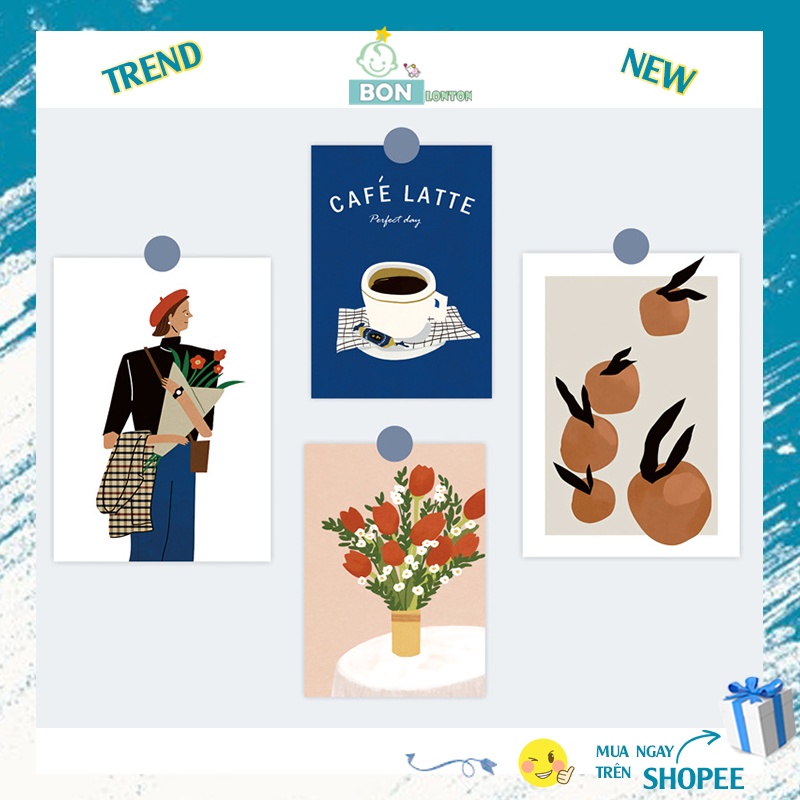 Set 4 Thẻ Giấy Trang Trí Họa Tiết Trang Trí Vintage, Retro, Trừu Tượng, Hoạt Hình Cute