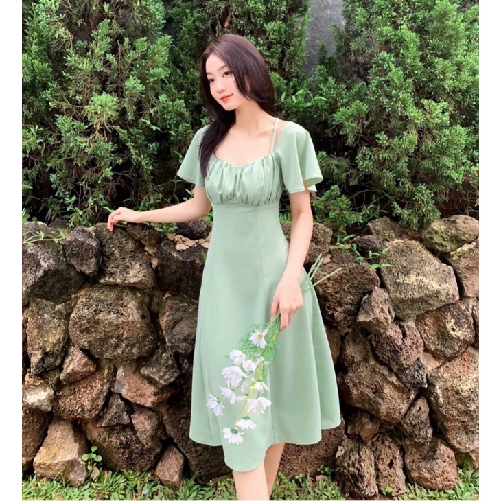 Đầm cổ vuông nhún ngực phối dây dáng dài thiết kế cao cấp