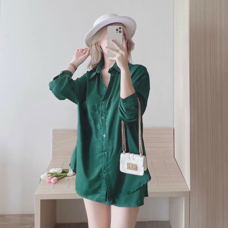 Siêu Phẩm Set Bộ Áo Sơ Mi Tay Dài Kèm Quần Đùi Mặc Lích Sự Thoải Mái Duvi