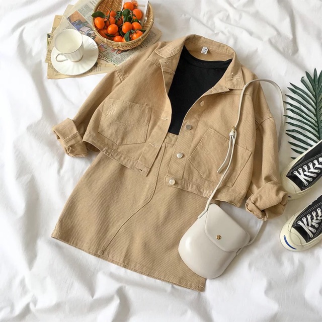 Set áo khoác chân váy khaki ulzzang