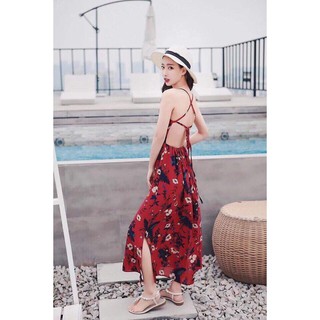 F494 - Đầm Maxi Hai Dây Hoa Đan Lưng