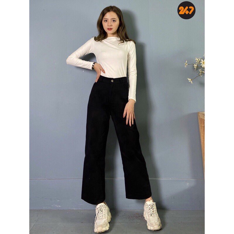 Quần Kaki Ống Rộng Lưng Cao Phong Cách Ulzzang Hàn Quốc