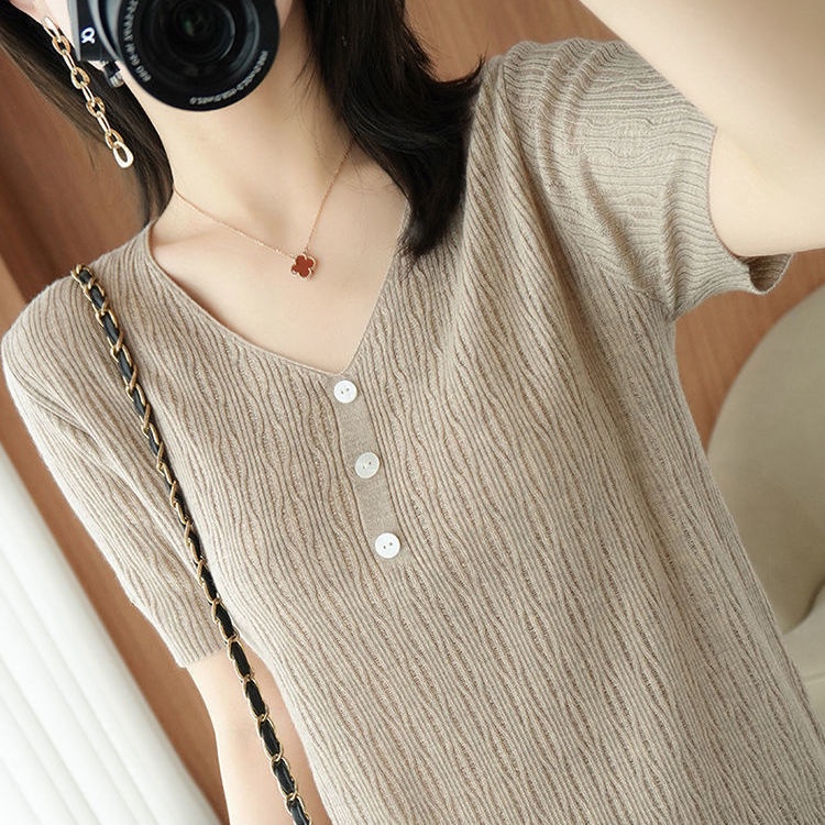Áo Thun Lụa Lạnh Tay Ngắn Cổ Chữ V Dáng Rộng Thời Trang Dành Cho Nữ