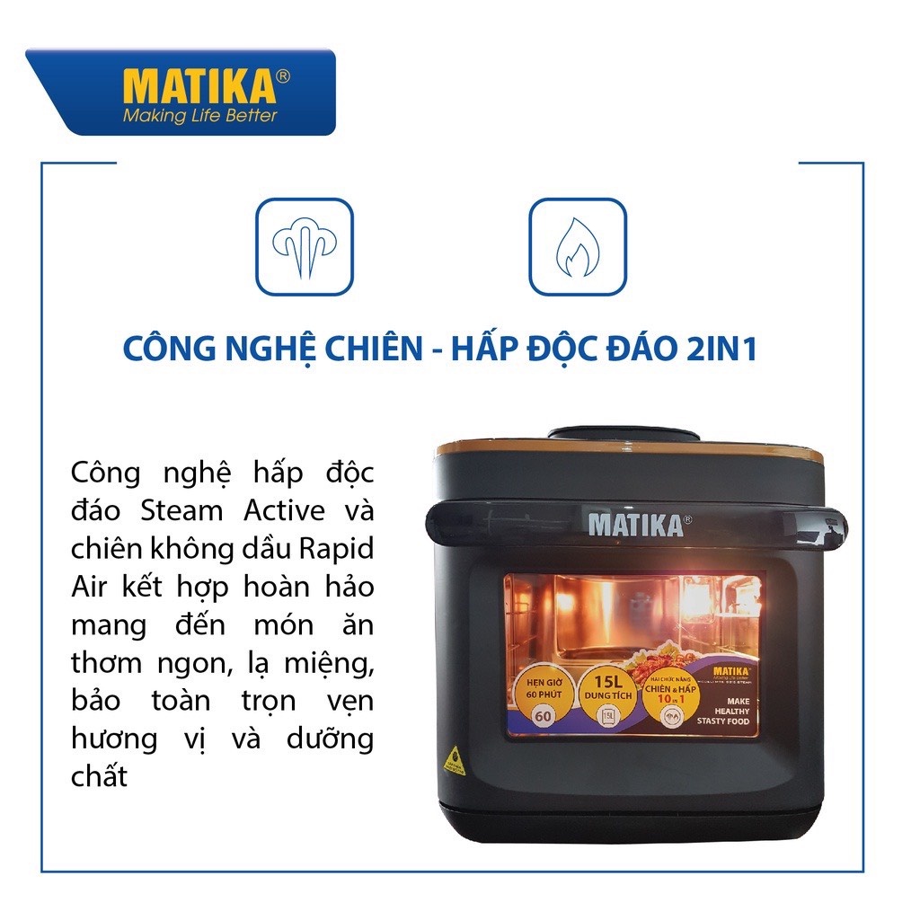 Nồi chiên hơi nước Matika MTK9315 đời mới nhất, dung tích 15L, Chiên Ngon-Hấp Ngọt-Bảo hành 12 tháng