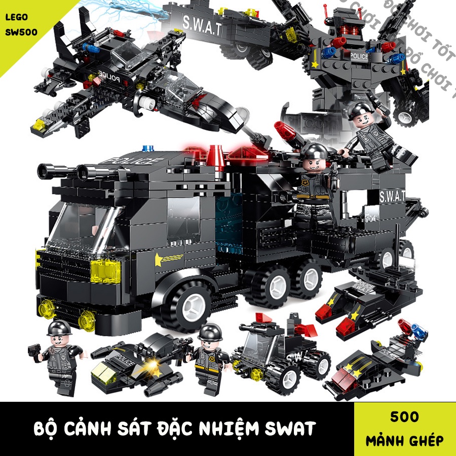 [500 CHI TIẾT-ĐẠT CHUẨN 3C] BỘ ĐỒ CHƠI LẮP RÁP LEGO CẢNH SÁT SWAT ROBOT QUÂN ĐỘI VÀ MÁY BAY CHIẾN ĐẤU