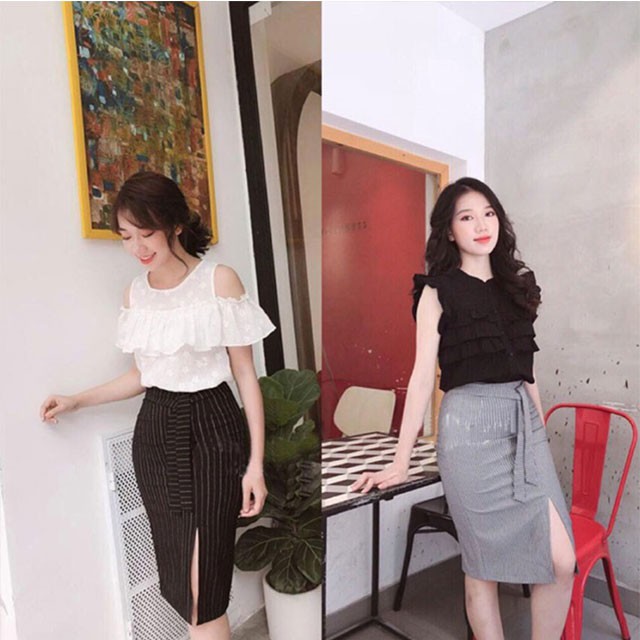 [HÀNG LOẠI 1] Chân váy kẻ sọc buộc vạt hai màu đen và ghi (Có lót bên trong) (Thời trang công sở VIP)Cam kết hàng y hình | BigBuy360 - bigbuy360.vn