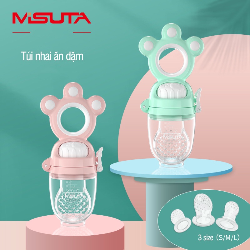 Túi nhai ăn dặm chống hóc cho bé MISUTA có 3 núm nhai silicon mềm không chứa BPA