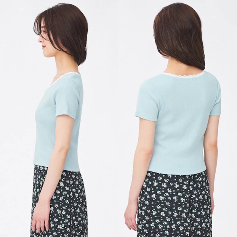 Áo thun tăm nữ cổ tròn ren ngắn tay dễ thương của GU - Nhật