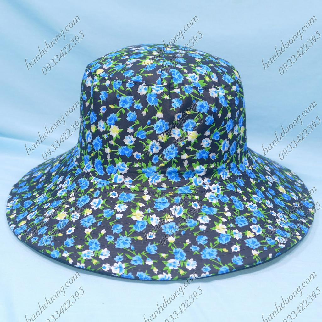 Mũ tai bèo nữ rộng vành 8cm vải cotton họa tiết hoa nhỏ nón tai bèo nữ có dây quai phía dưới giúp giữ nón chặt hơn