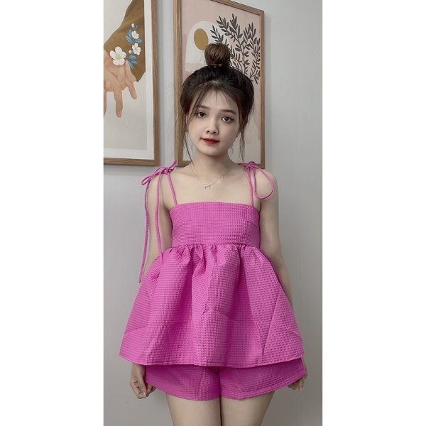 Set babydoll nữ ,set đồ nữ babydoll ,áo bánh bèo babydoll dây cột nơ kèm quần chất xốp đứng form siêu xinh PLS60