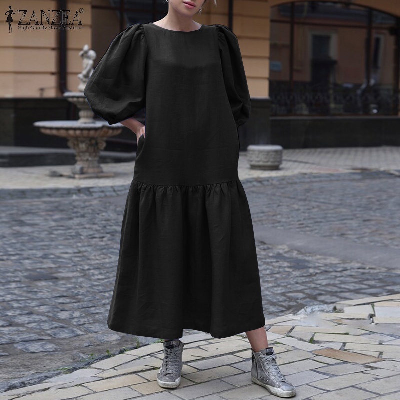 Đầm maxi ZANZEA cổ tròn tay 3/4 dáng rộng màu trơn phong cách hoài cổ thời trang cho nữ
