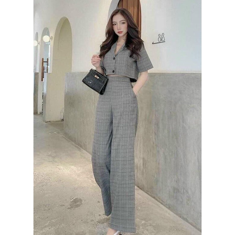 Set 2 Món: Áo Croptop Cổ Vest & Quần Dài (KÈM VIDEO CẬN CHẤT VẢI)