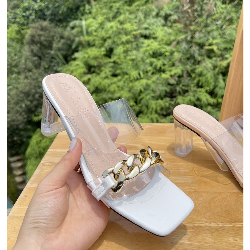 Guốc da bóng quai mica viền xích ngang nude trắng - 6P