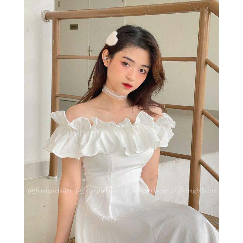 Váy trễ vai dài, đầm trắng dự tiệc xòe xoắn ngực - V38FG