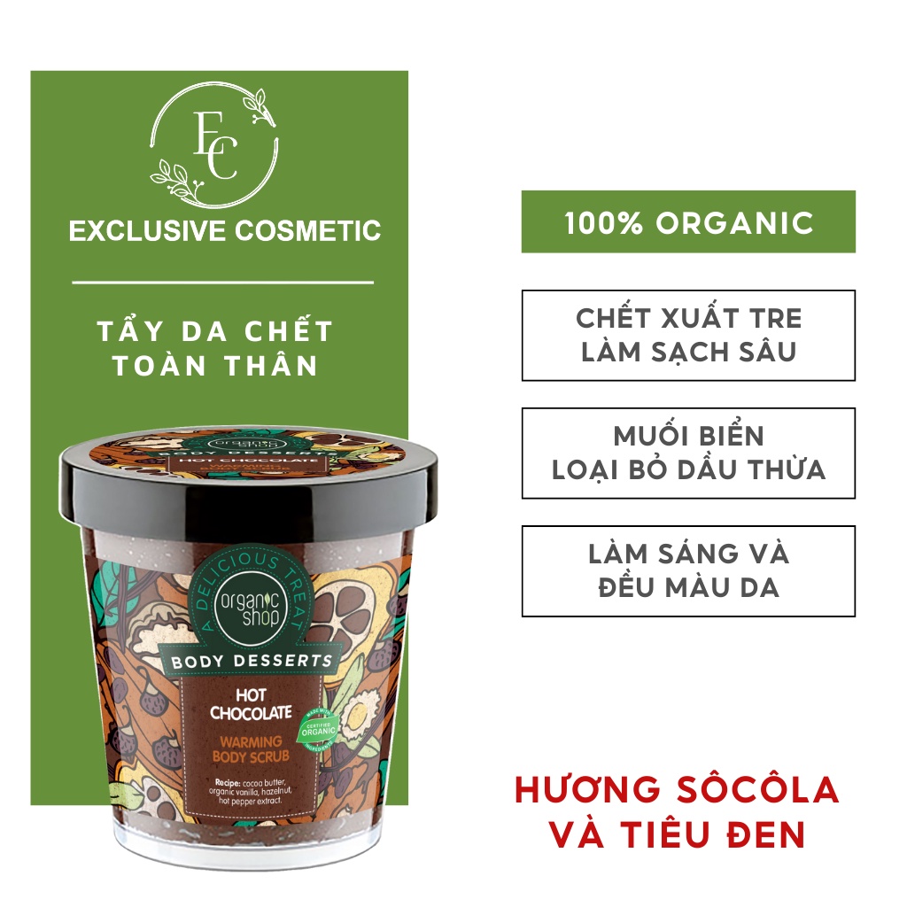 Tẩy bào chết toàn thân Organic Shop Hương Chocolate, Tiêu đen &amp; Đường 450ml