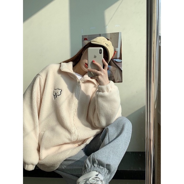 Áo Khoác Lông Nữ Dáng Rộng Dài Tay Khóa Kéo Thêu Gấu Trắng Cute