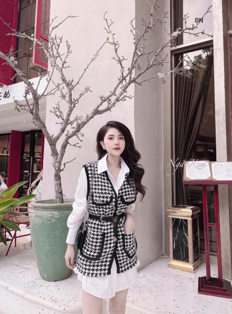 S522 Set đồ thu đông nữ, Áo gile caro chạy viền đen cá tính, phối vây sơ mi dáng dài