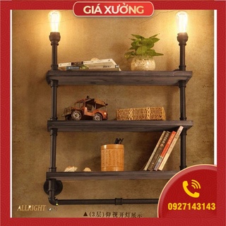 kệ treo tường gỗ 3 tầng kệ ống nước Kiêm đèn tường và giá treo decor bằng ống săt độc lạ bền đẹp trang trí