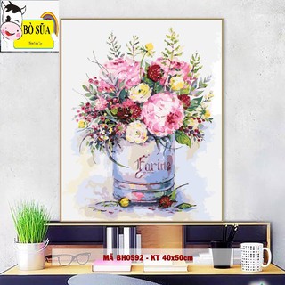 Loại khung dày 2.5cm Tranh sơn dầu số hóa Bò sữa mã BH0592 " Lọ Hoa" size 40x50xm đã căng khung và đầy đủ phụ kiện