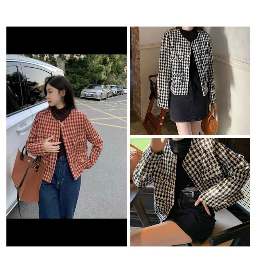 Áo dạ Tweed kẻ caro cổ tròn cúc đồng túi nắp chất dạ QC cao cấp 2 màu đỏ, đen