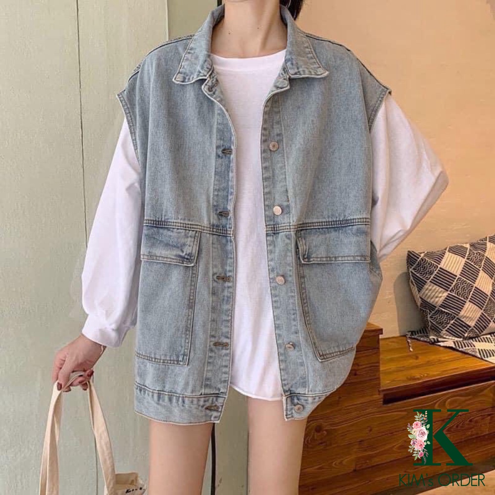 Áo khoác jean nam nữ form rộng Oversize sát nách phong cách Ulzzang hai màu xanh đen