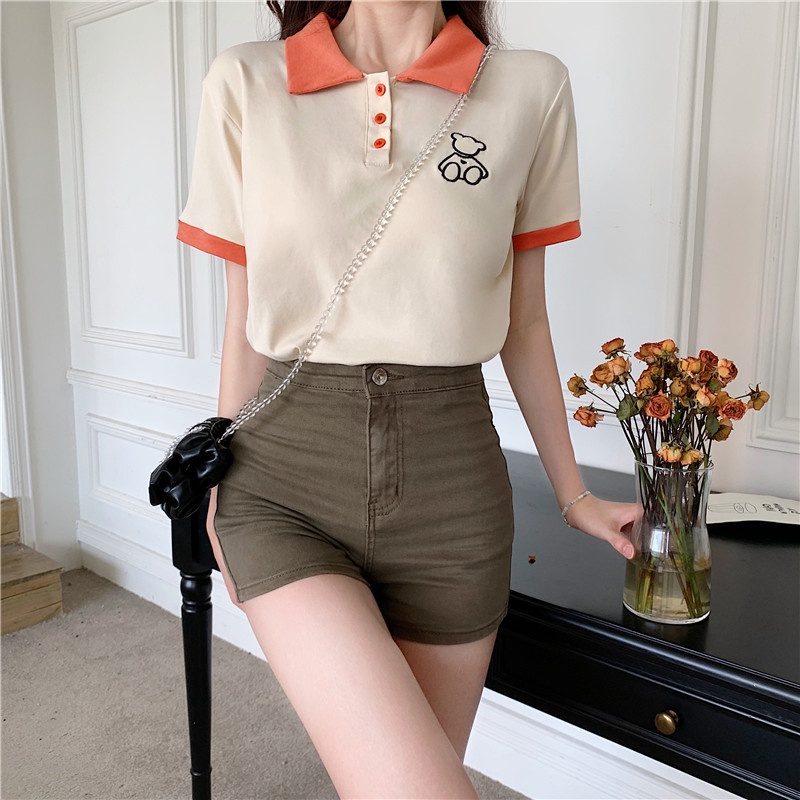 Áo kiểu SUXI cổ polo họa tiết đơn giản thời trang mùa hè dành cho nữ