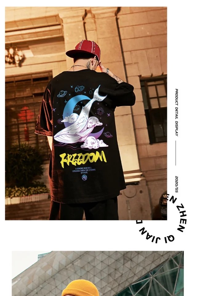 2 Color【M-3XL】Summer New Style Fashion Whale Printed Graphic Short Sleeve T-shirt Men Breathable Unisex Half Sleeve T-shirt Oversize Student Short T-shirt Couple Wear