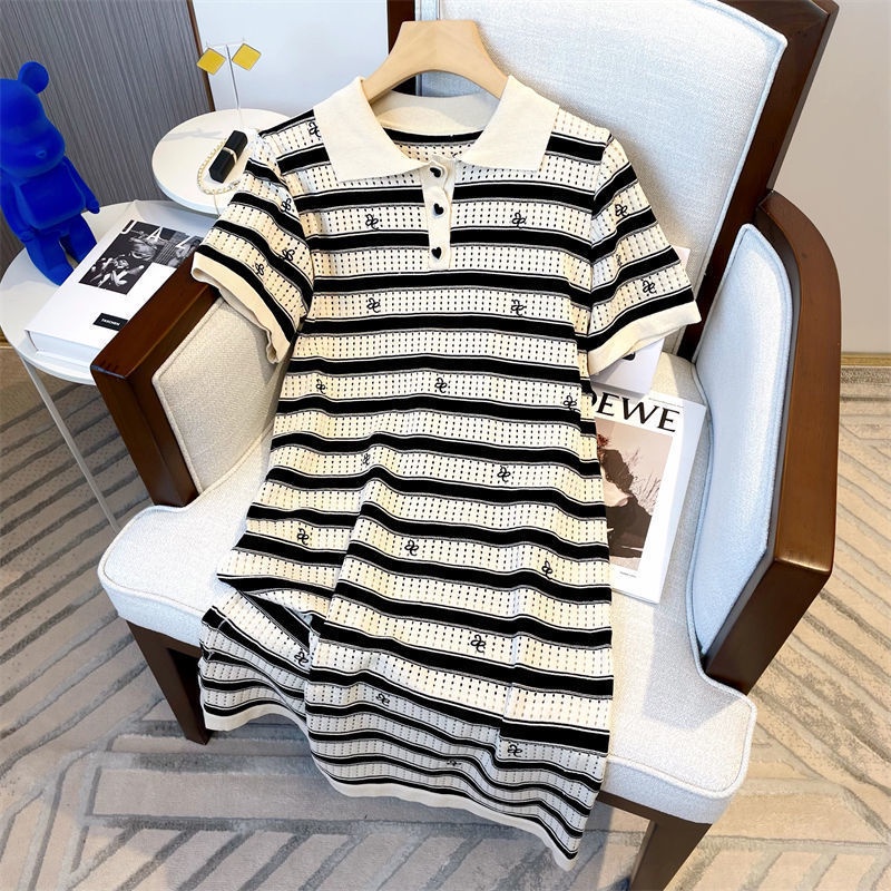 Đầm Thun Dài Qua Gối Cổ POLO Dáng Rộng Tay Ngắn Phồng Họa Tiết Kẻ Sọc Thời Trang Cho Nữ  tao bao