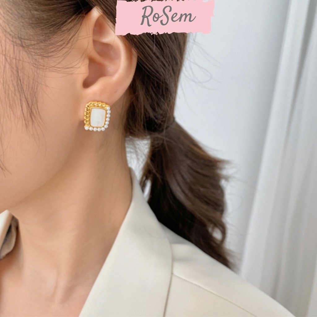 Khuyên tai bạc vuông gắn đá phong cách Pháp thanh lịch