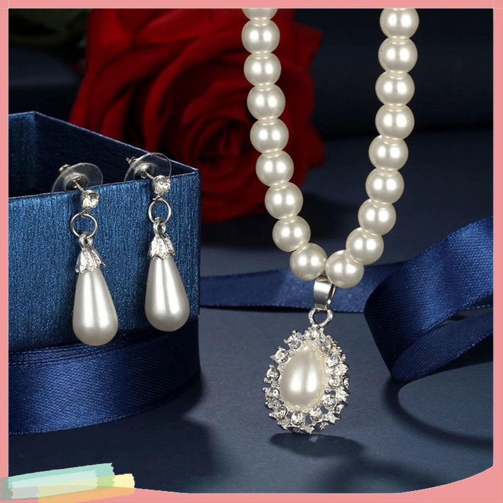 Bộ Vòng cổ + Đôi Khuyên Tai Đính Ngọc Trai Giả Thiết Kế Hình Giọt Nước Độc Đáo Cho Nữ