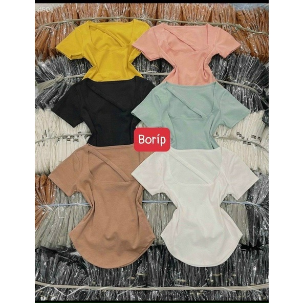 Áo cổ vuông vạt bầu croptop có phối dây chéo lh
