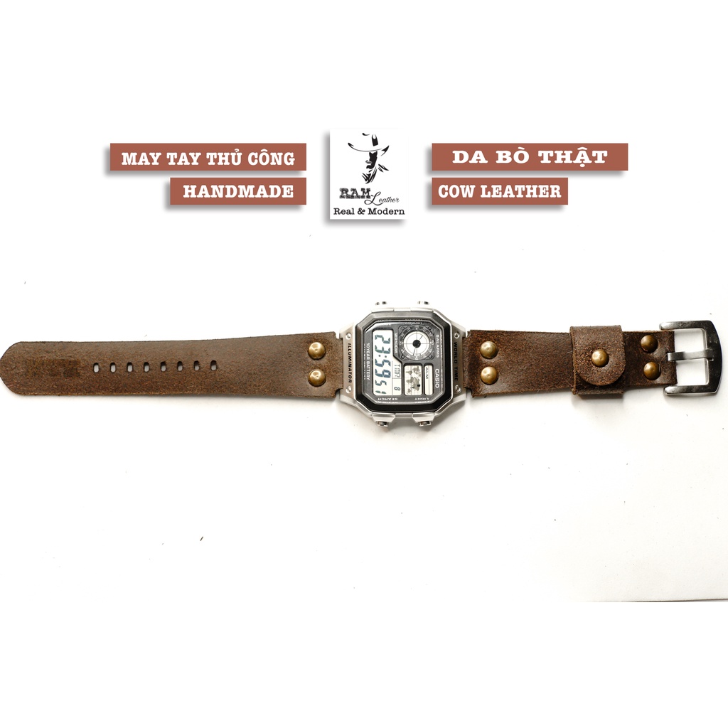 Dây đồng hồ RAM Leather pilot vintage cho CASIO 1200, AE 1200, 1300, 1100, A159 , A168 , Size 18 da bò nâu