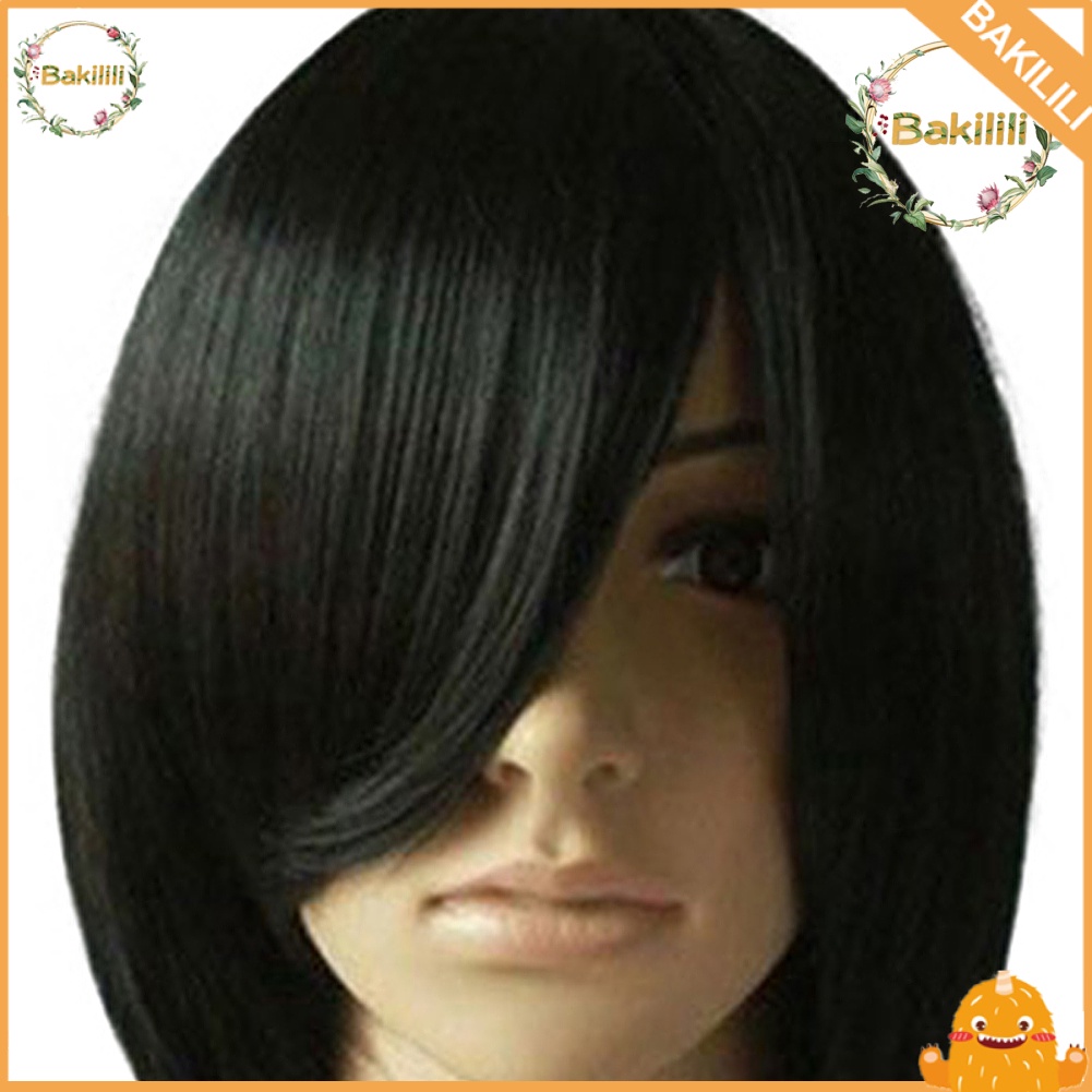 【BK】Women Fashion Tilted Frisette Short Black Straight Party Cosplay Hair Extension Wig