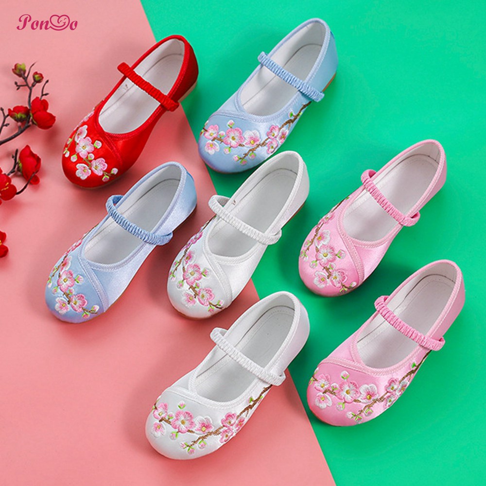 Giày búp bê đế bằng thêu hoa mận phong cách Trung Hoa cổ điển size 25-36 cho bé gái