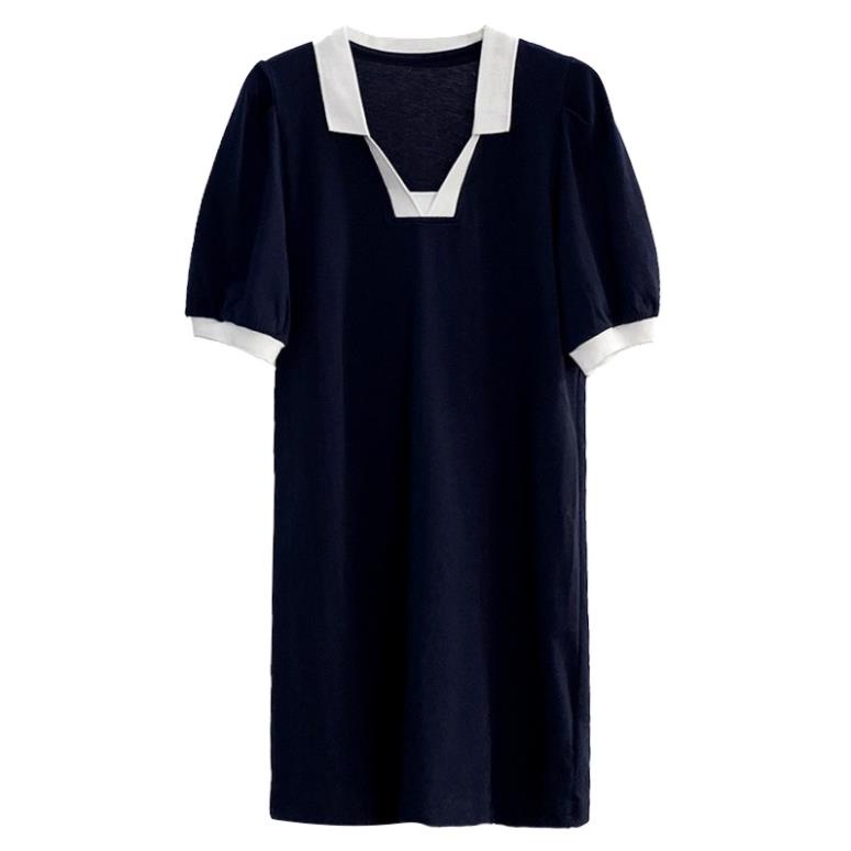 (ORDER) Váy MORAN cổ bẻ POLO phối màu cổ trắng tay phồng dáng A-line style công sở năng động Hàn Quốc .