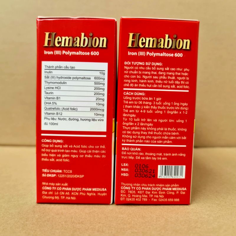HEMABION giúp bồi bổ máu cho trẻ em, phụ nữ mang thai và sau sinh - Hộp 20 ống (10ml)