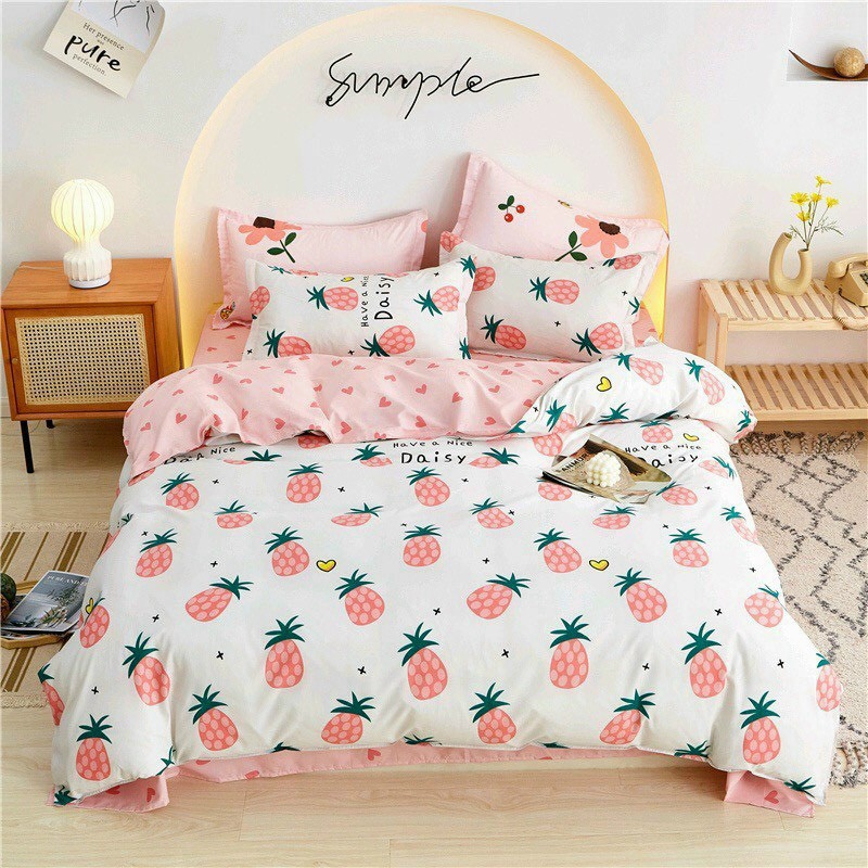 Bộ chăn ga Cotton poly hoa lá chăn ga Hàn Quốc đủ size miễn phí bo chun