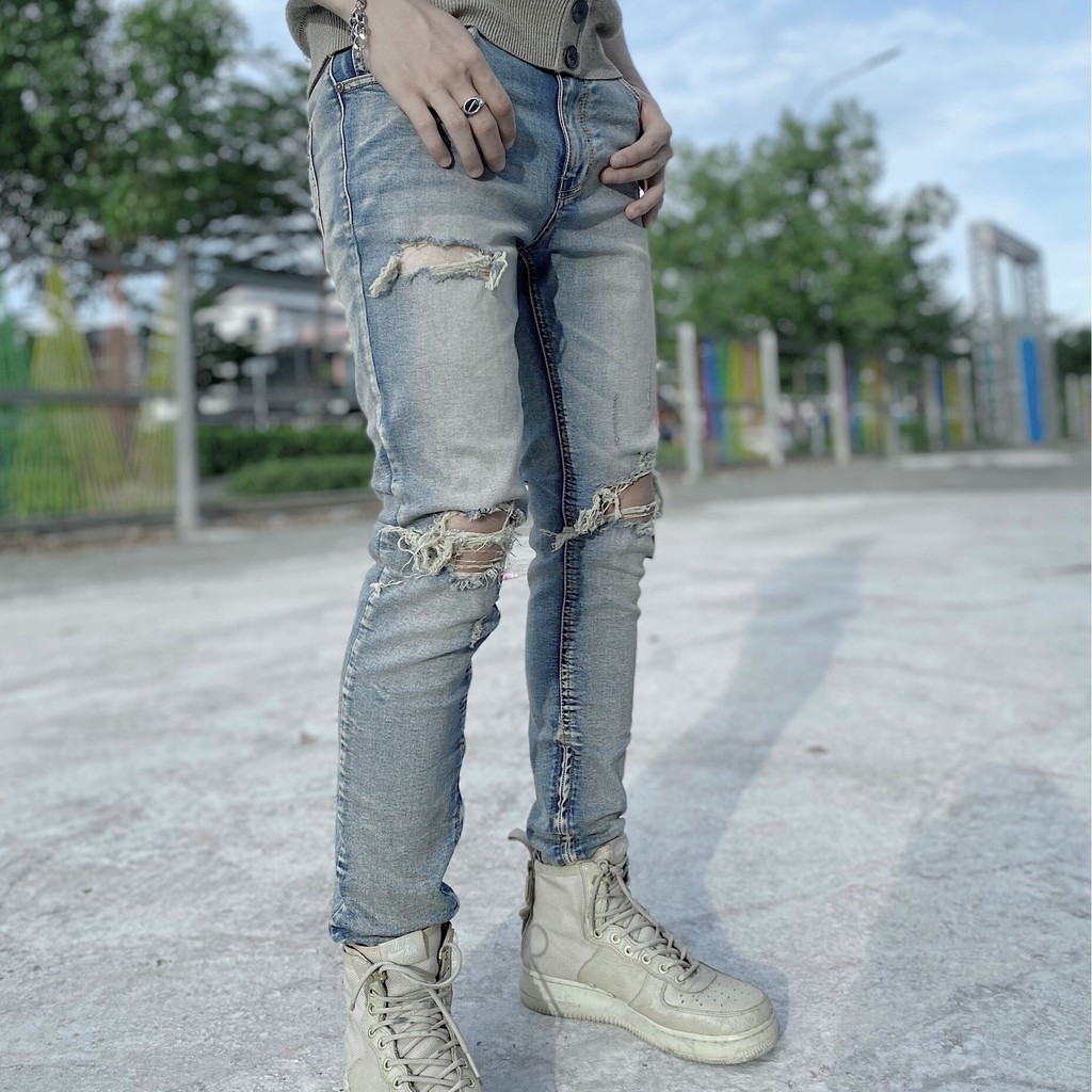 Quần jean nam streetwear cao cấp FNOS Z8 màu xanh rách gối form slimfit có zip jean co giãn