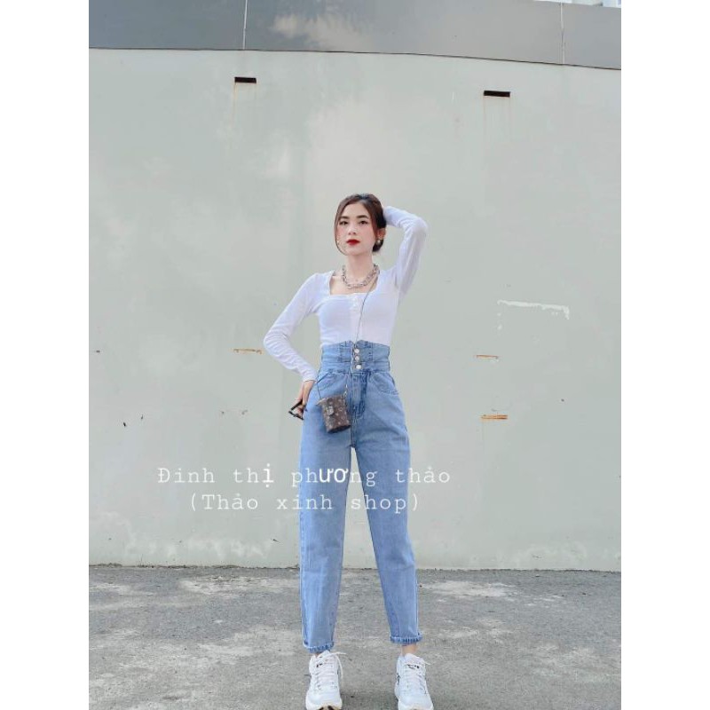 Quần jeans baggy nữ lưng cao đai chéo sau thảo xinh shop tôn dáng
