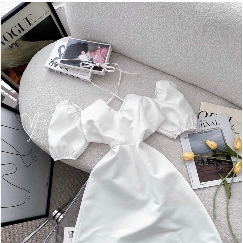 Đầm Nữ Tiểu Thư Sang Chảnh Dự Tiệc, Váy Cổ Yếm Mặc 2 Kiểu Trắng Đen Dây Cổ Khoét Ngực (đầm khoét ngực)