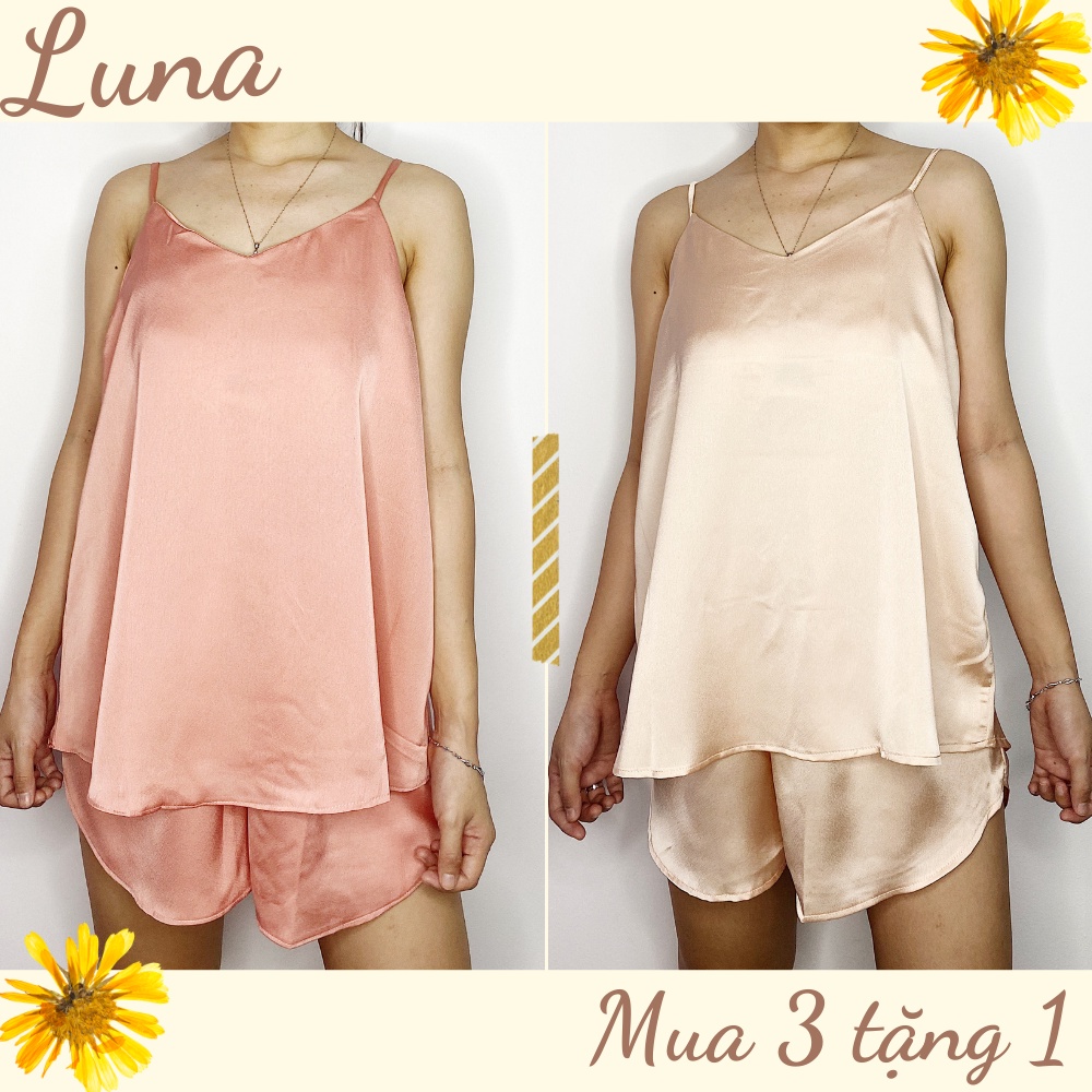 Đồ bộ mặc nhà lụa satin thoáng mát áo 2 dây cổ trái tim LUNA bigsize dưới 75kg | BigBuy360 - bigbuy360.vn