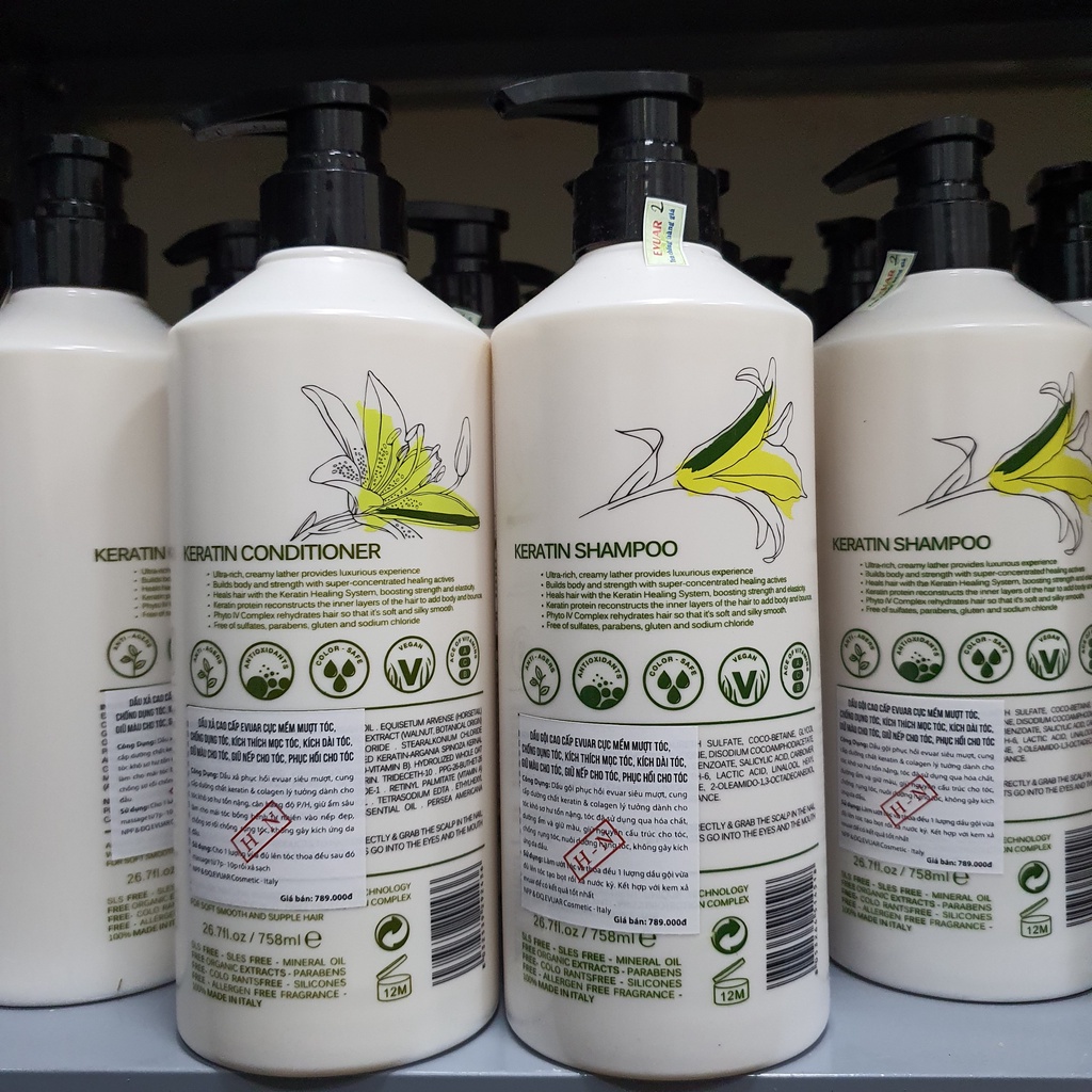 Dầu Gội Evuar keratin kiềm dầu siêu phục hồi tóc yêu nát mềm mượt chống rụng tóc hương thơm nước hoa cặp 785mlchính hãng