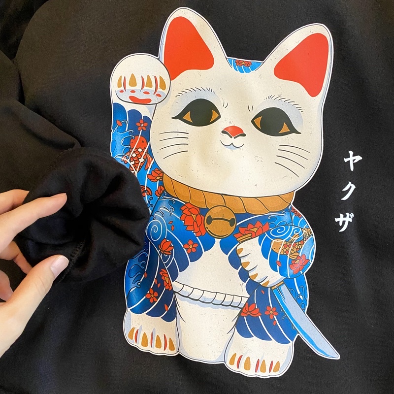 Hoodie đen phong cách nhật bản, áo mèo may mắn TO2.12