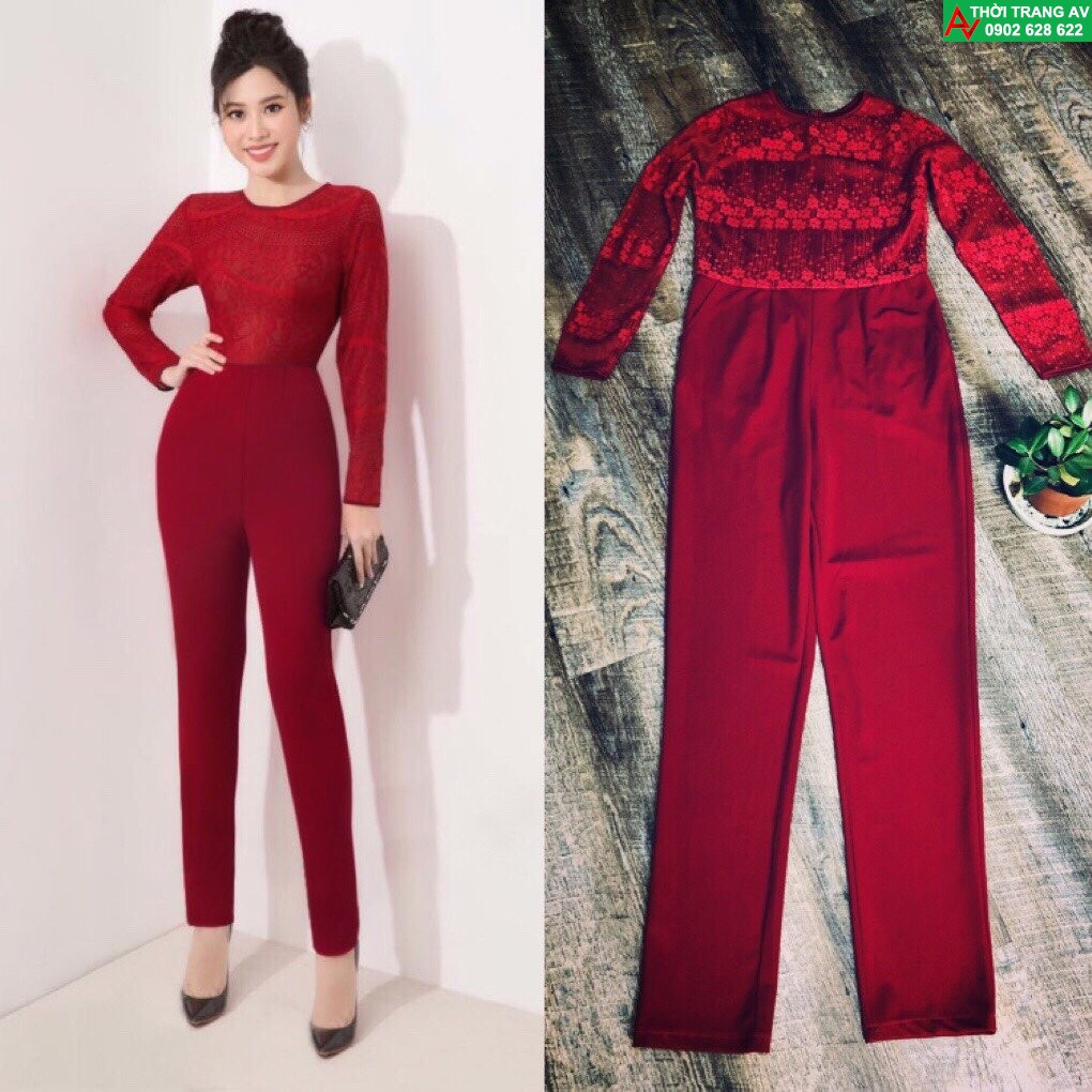 Jumpsuit - Đồ bay dài cổ tròn phối ren lưới tay dài cực xinh - AV6216