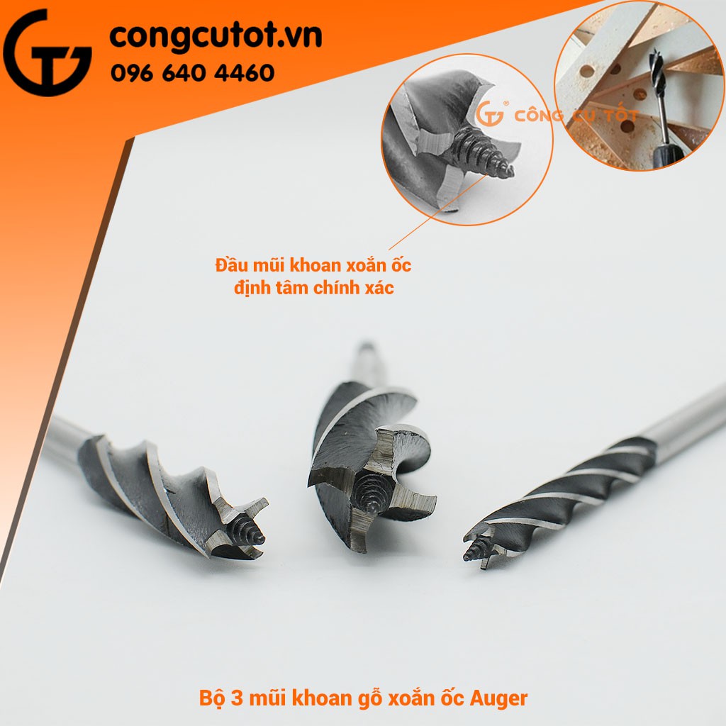 BỘ 3 MŨI KHOAN GỖ XOẮN ỐC AUGER SỐ 10,16,25MM