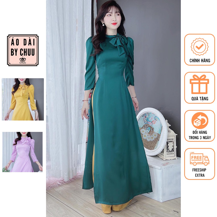 Áo dài cách tân nữ lụa ánh nhung cổ đính nơ không kèm quần CHUU AD8017