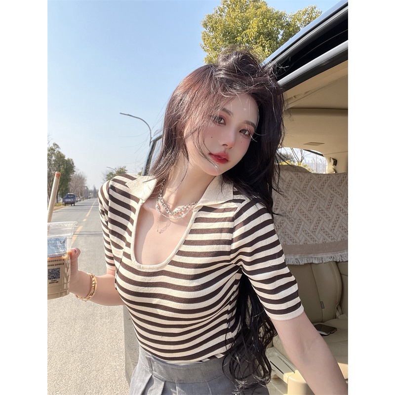 Áo kiểu ZHELIHANGFEI dệt kim tay ngắn cổ chữ U họa tiết kẻ sọc phong cách quyến rũ thời trang dành cho nữ